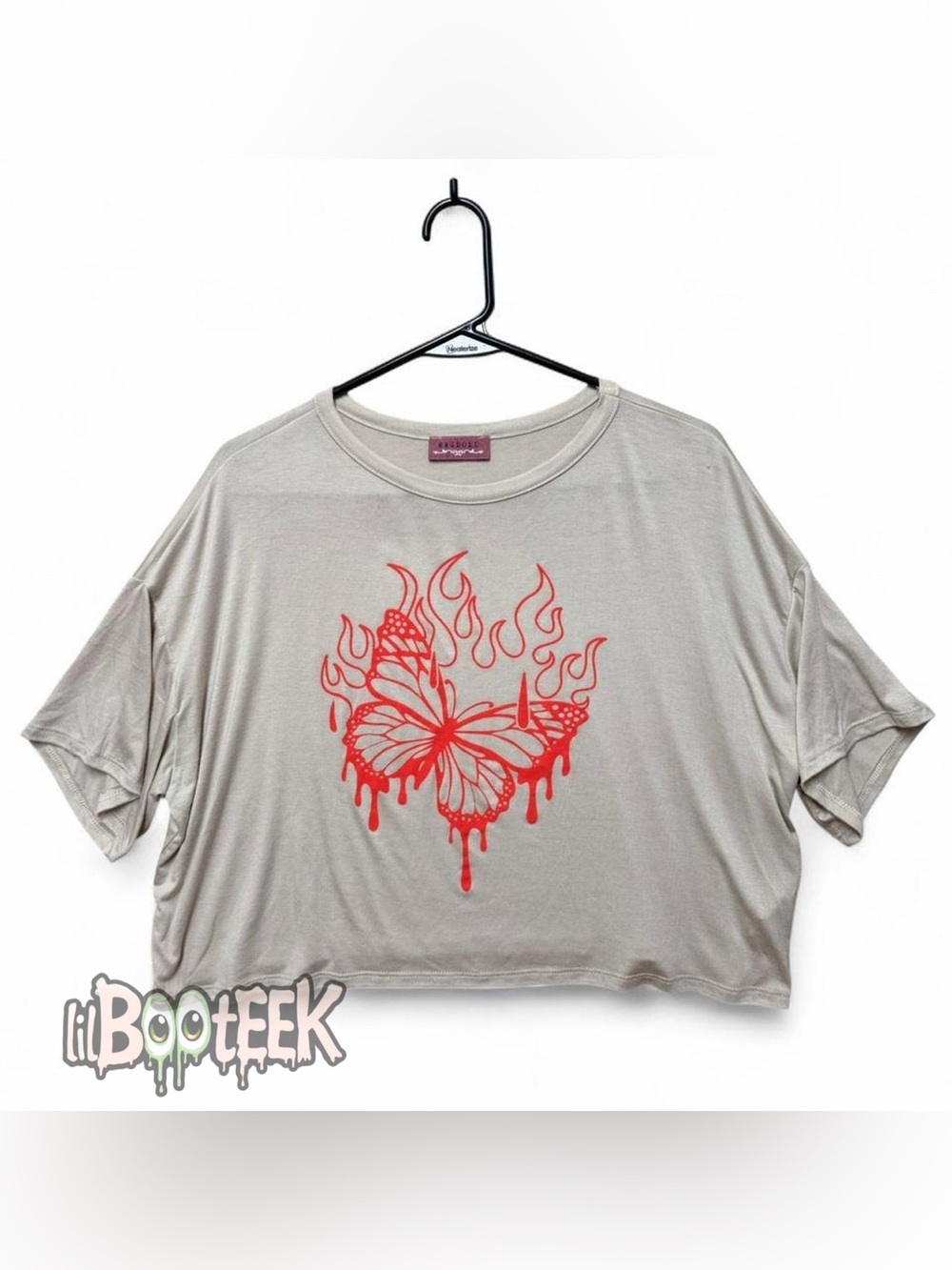 Ragdoll White Cropped Tee with Red Dripping Butterfly Flame Graphic NEW Y2K